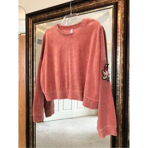 Orange embroidered cropped rose flower sweater crew neck sweatshirt